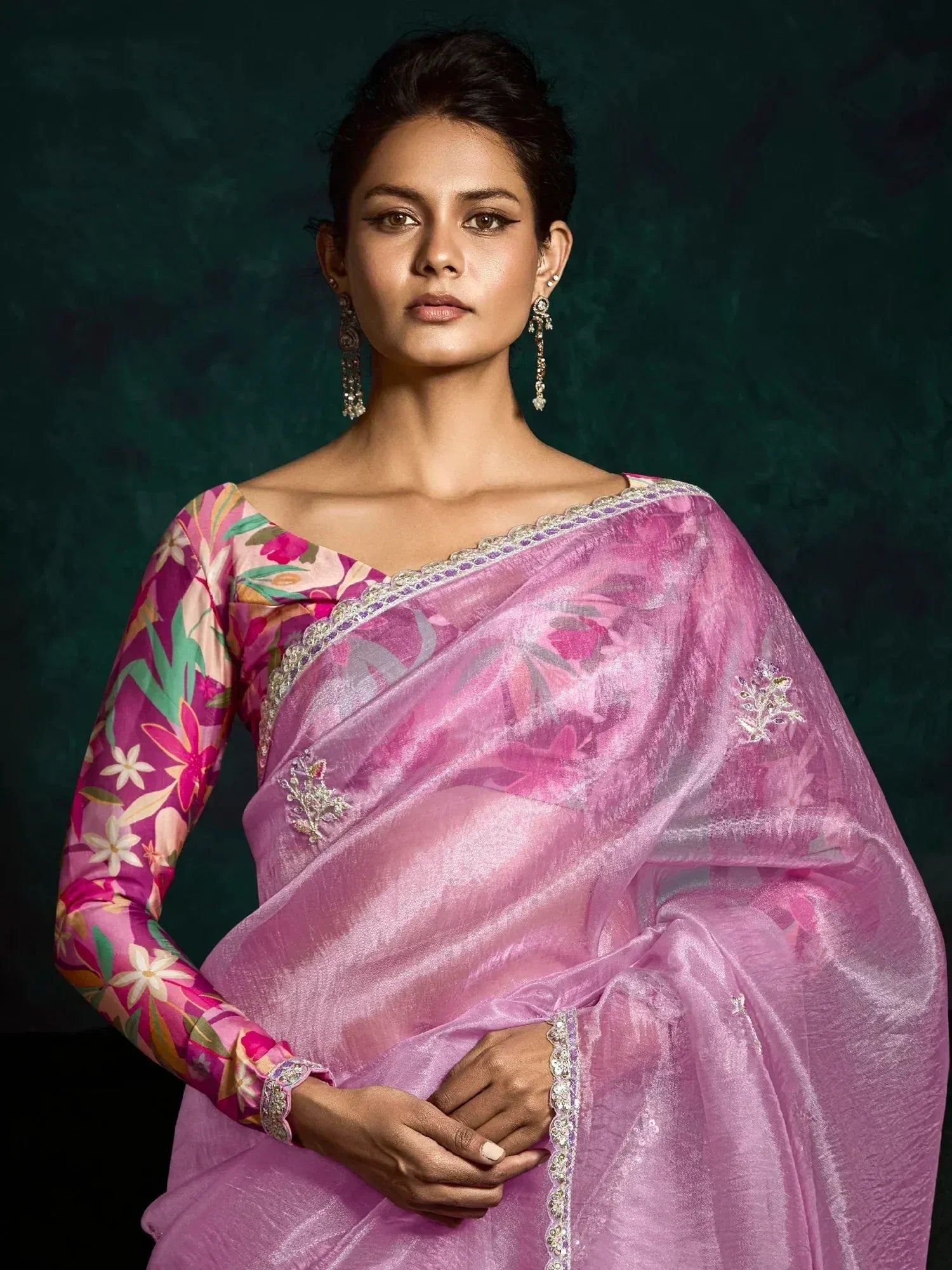Pink floral saree with embroidered border and matching blouse, Indian ethnic wear