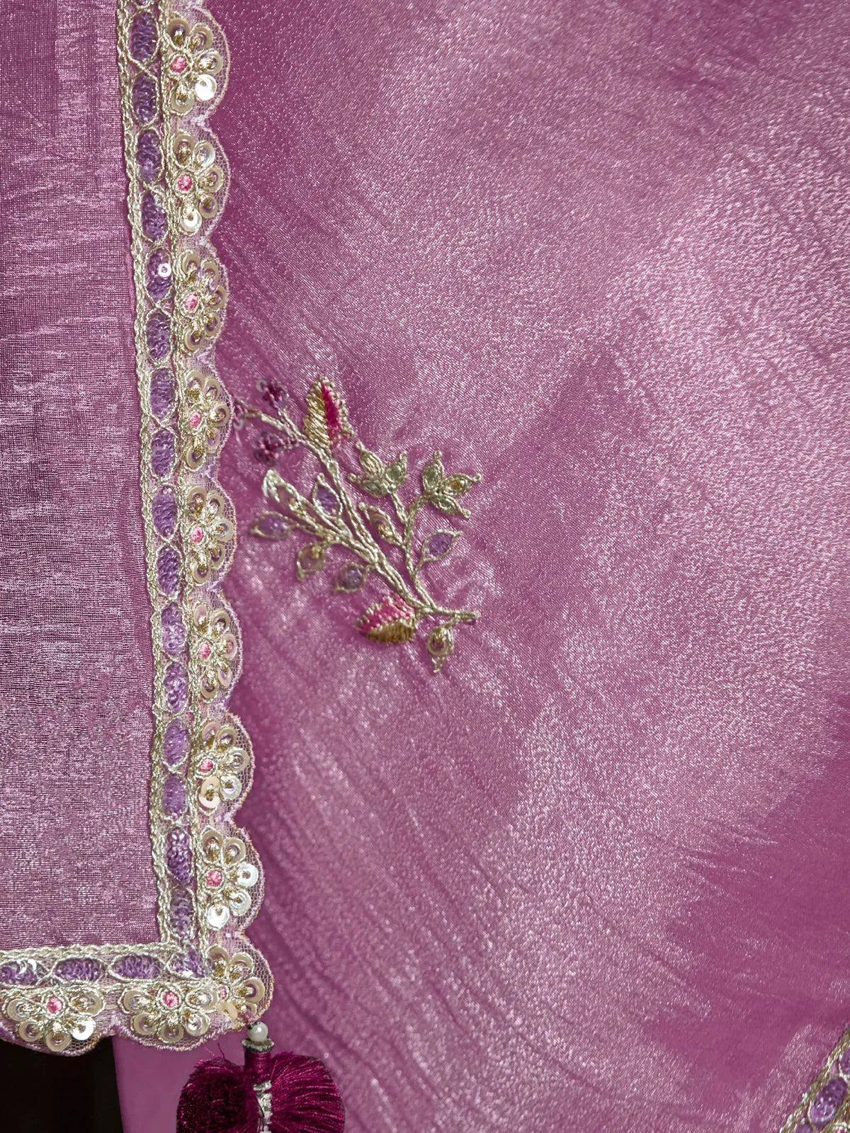 Pink ethnic saree with gold floral embroidery and sequin border detail