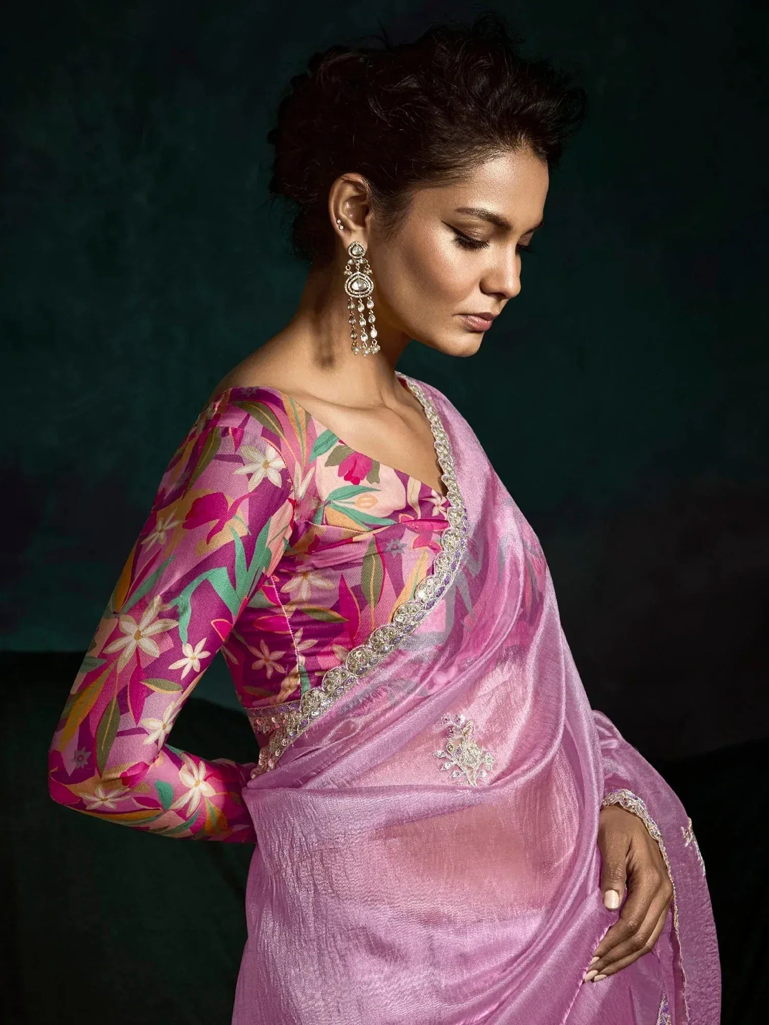 Pink floral saree with embroidered blouse, perfect for Indian ethnic wear occasions