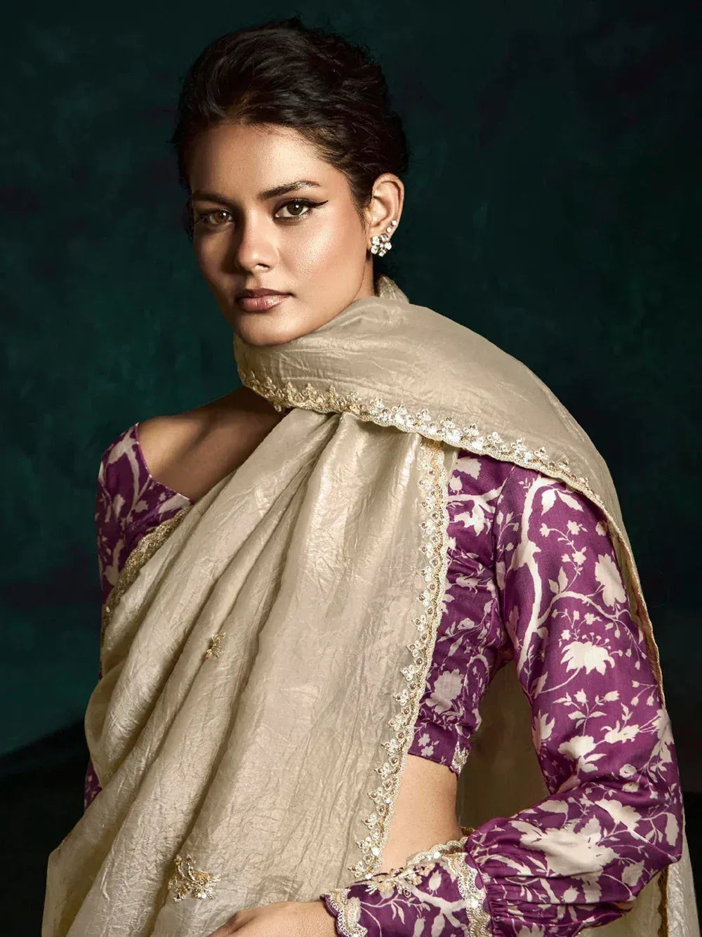 Purple floral print Indian salwar kameez with gold embroidered beige dupatta, ethnic wear for women