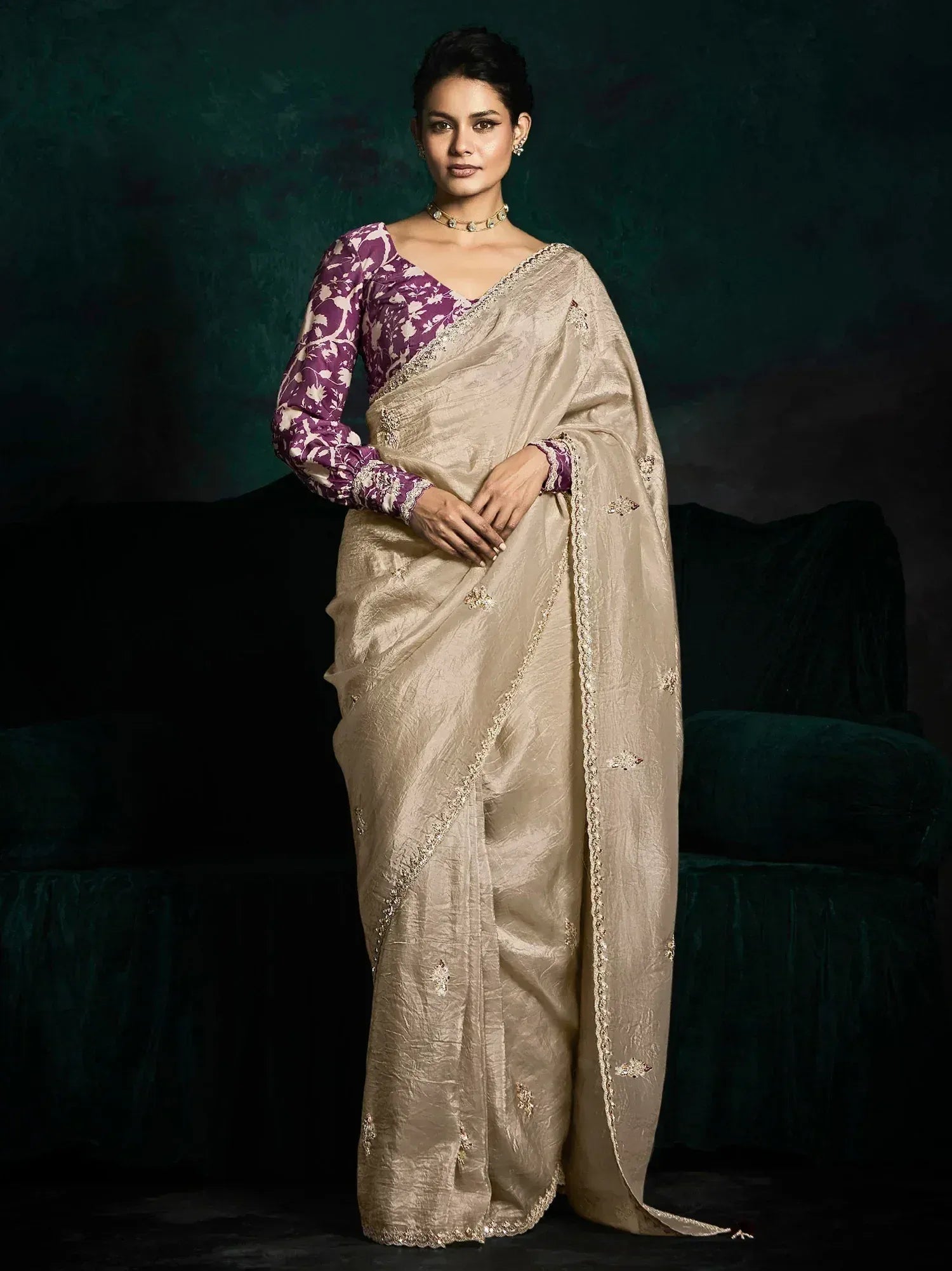 Beige embroidered saree with purple floral blouse, Indian ethnic wear for women