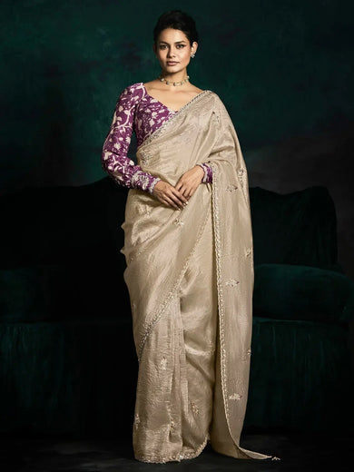 Stunning Beige Zari Embroidered Silk Traditional Saree With Blouse