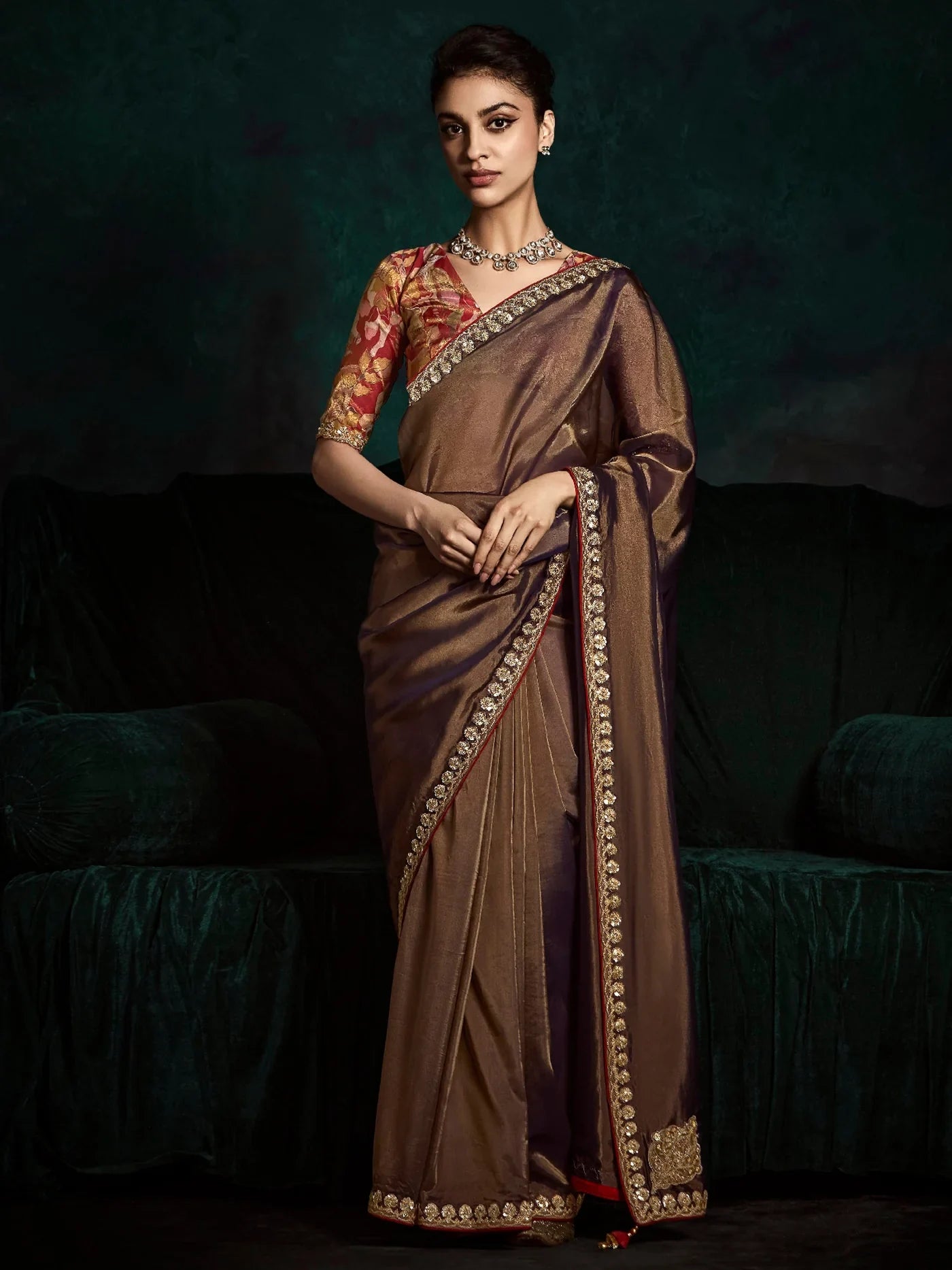 Adorable Brown Tissue Silk Festival Wear Saree With Blouse