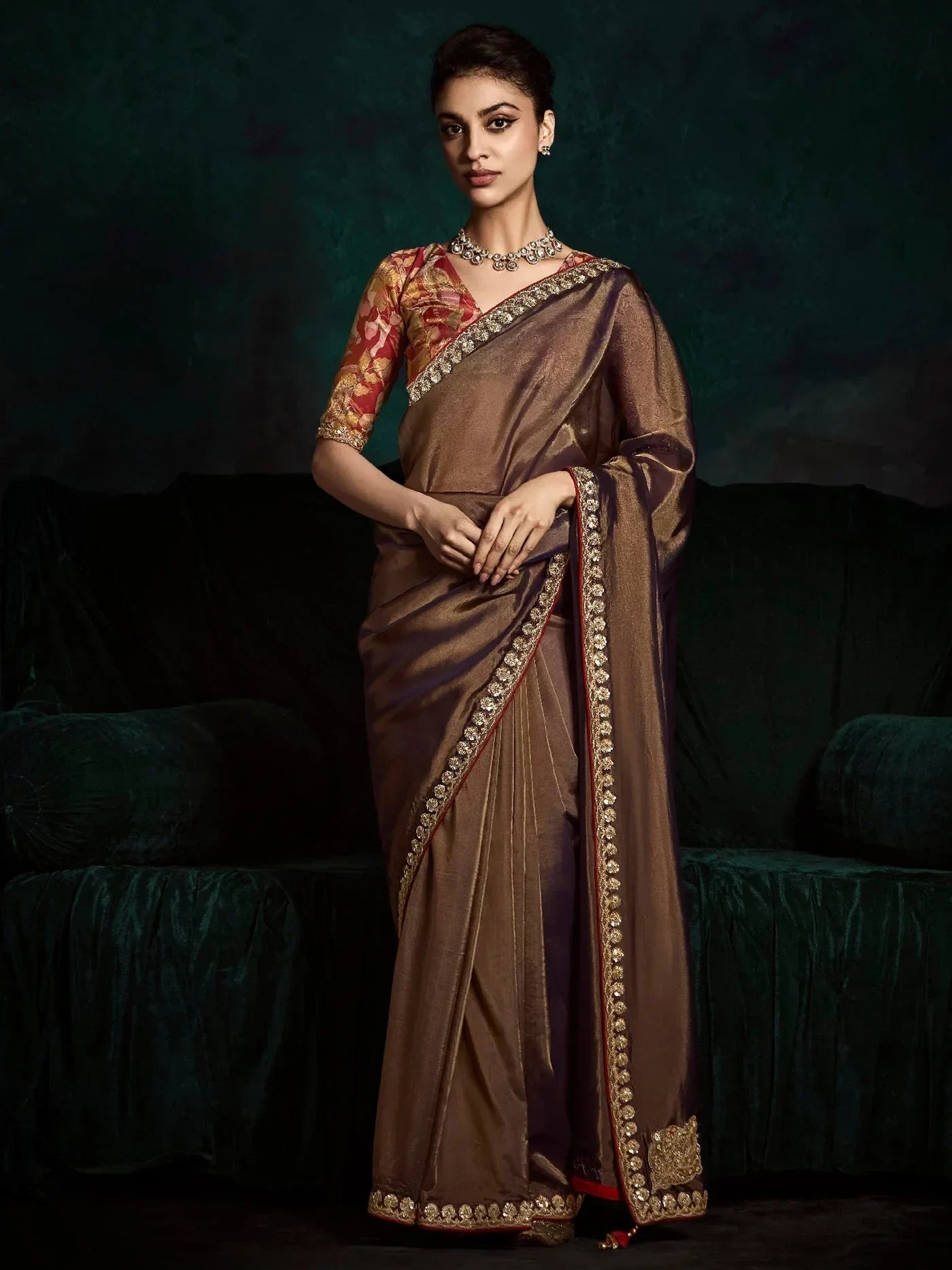Adorable Brown Tissue Silk Festival Wear Saree With Blouse