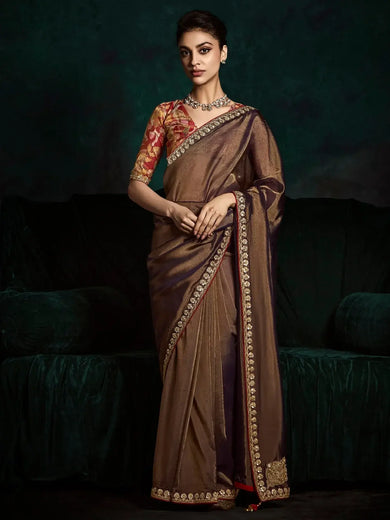 Adorable Brown Tissue Silk Festival Wear Saree With Blouse