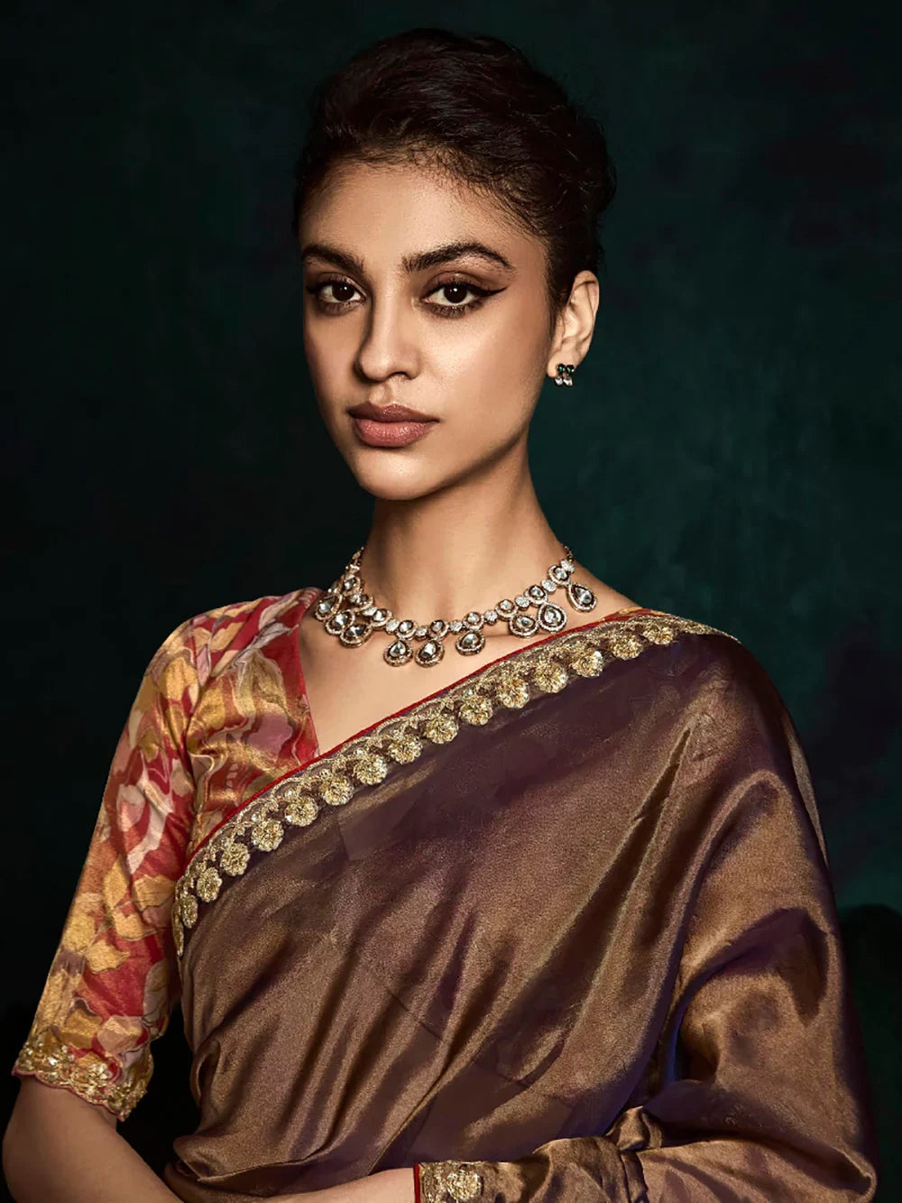 Adorable Brown Tissue Silk Festival Wear Saree With Blouse