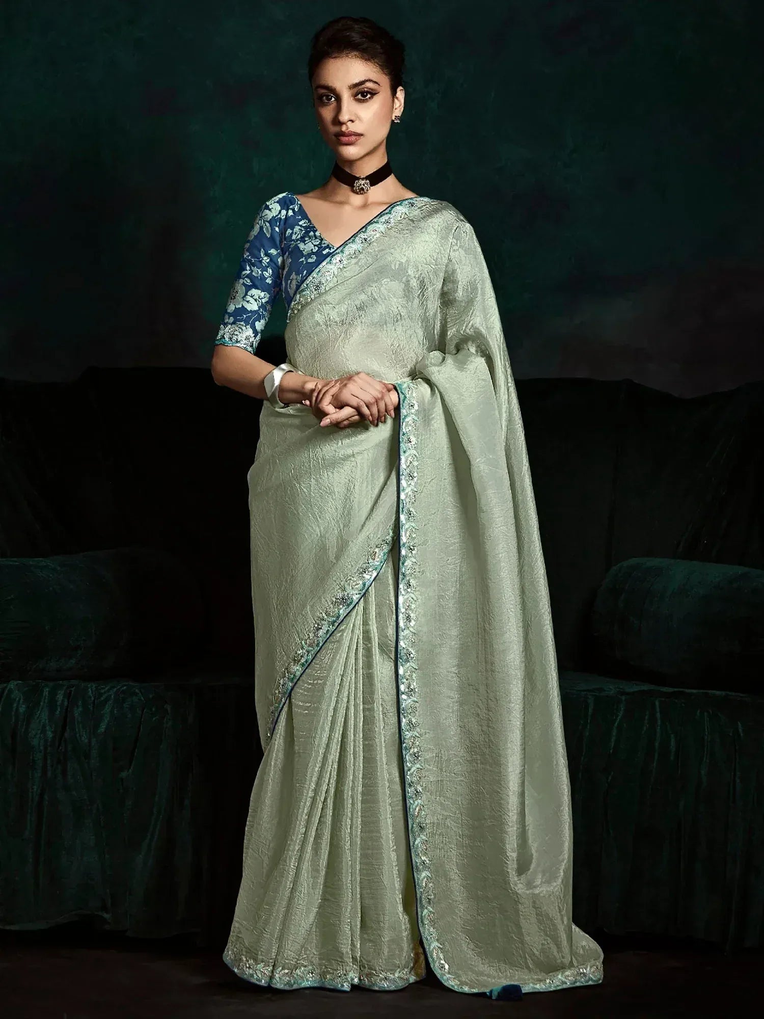 Mint green saree with blue floral blouse, elegant ethnic wear for women
