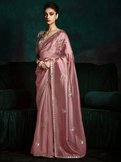 Enchanting Pink Tissue Silk Engagement Wear Saree With Blouse