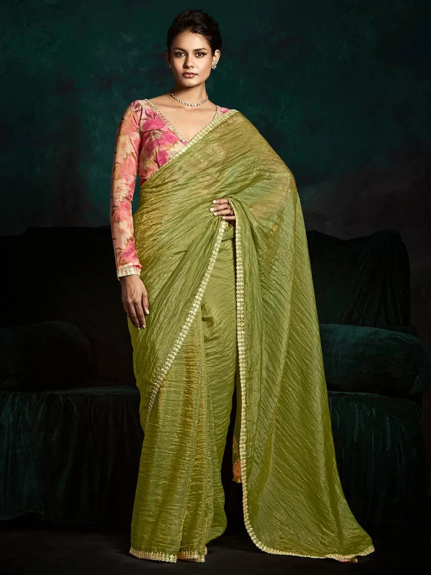 Olive green saree with gold border and pink floral blouse, Indian ethnic wear
