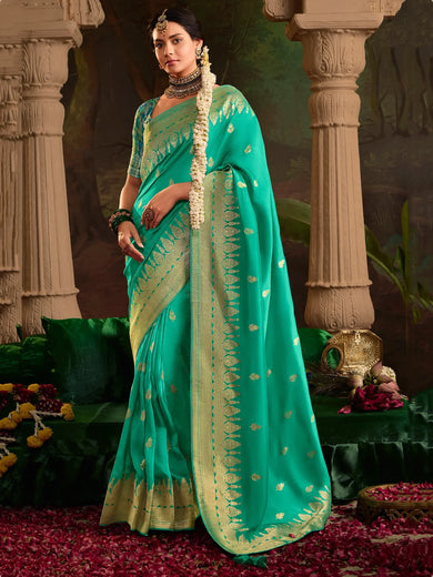 Outstanding Teal Green Zari Weaving Silk Traditional Saree With Blouse