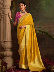 Attractive Mustard Yellow Zari Weaving Silk Haldi Wear Saree With Blouse