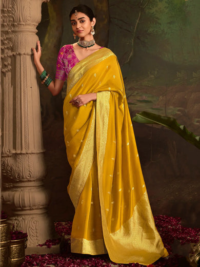 Attractive Mustard Yellow Zari Weaving Silk Haldi Wear Saree With Blouse