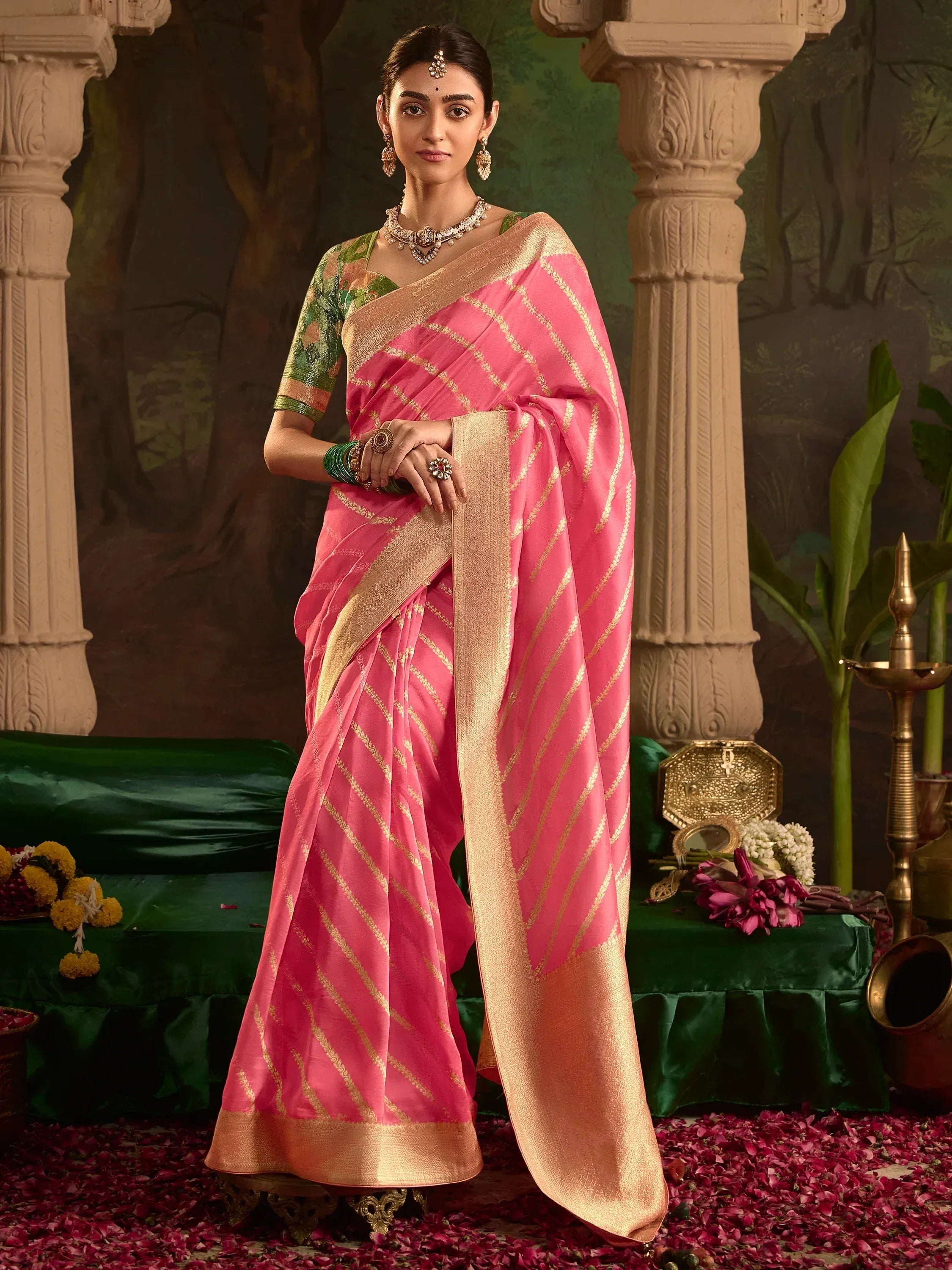 Pink and gold striped saree with green blouse, traditional Indian ethnic wear for festive occasions