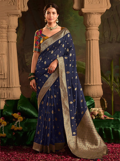 Beautiful Navy-Blue Zari Weaving Silk Wedding Wear Saree With Blouse