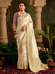 Astonishing Beige Zari Weaving Silk Traditional Saree With Blouse