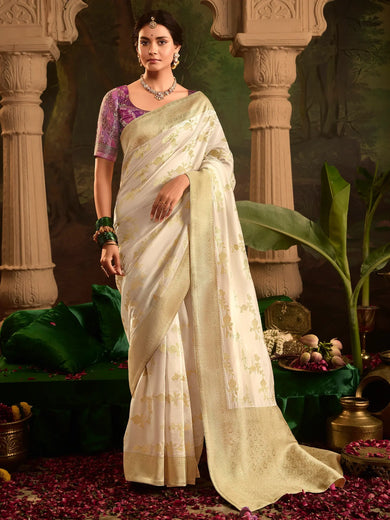 Astonishing Beige Zari Weaving Silk Traditional Saree With Blouse