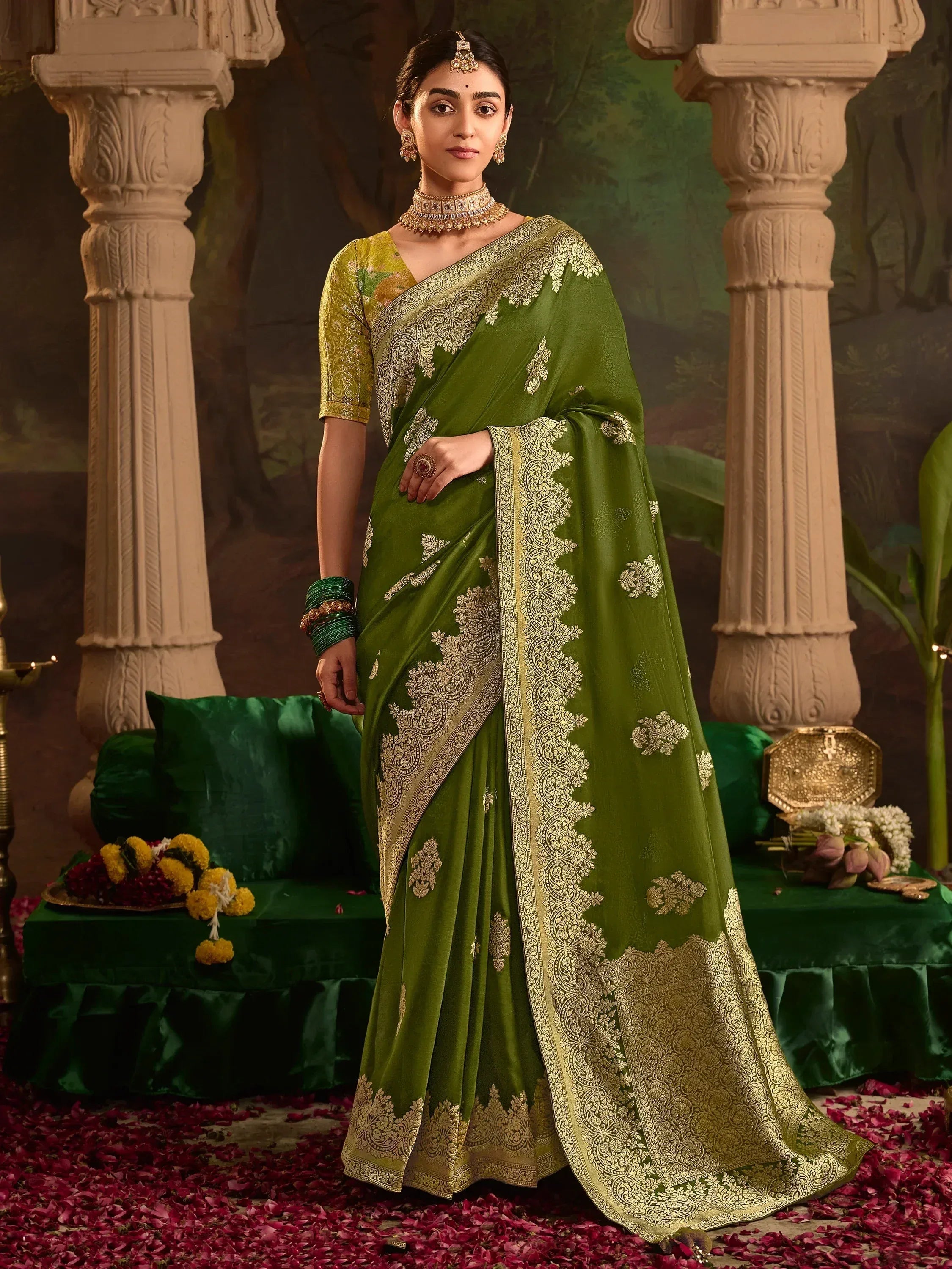 Green designer saree with gold embroidery, perfect for Indian ethnic wear and festive occasions.