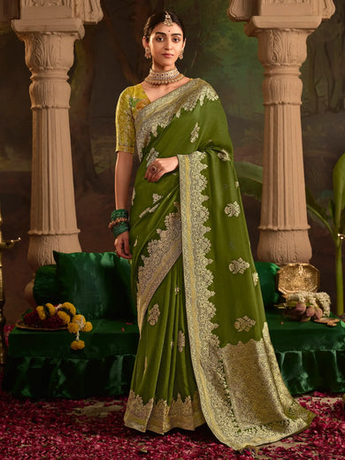 Charming Olive Green Zari Weaving Silk Mehendi Wear Saree With Blouse