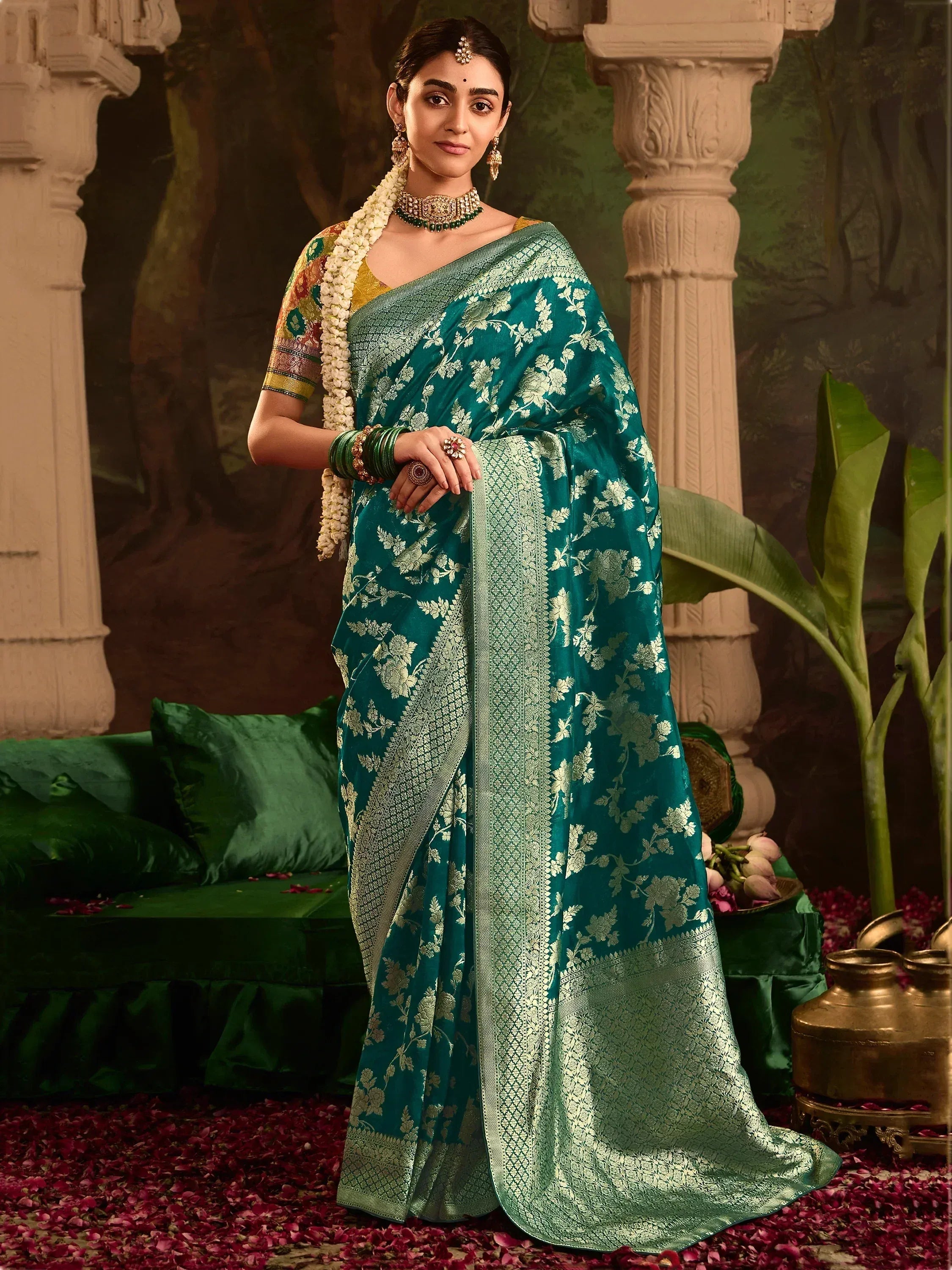 Teal floral Banarasi saree with gold zari border, traditional Indian ethnic wear for weddings and festivals
