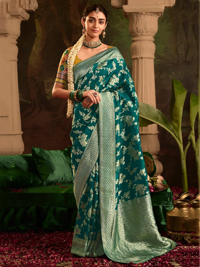 Awesome Teal Green Zari Weaving Silk Wedding Saree With Blouse