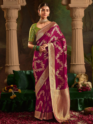 Fabulous Magenta Zari Weaving Silk Wedding Wear Saree With Blouse
