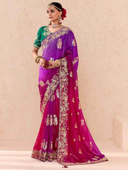Tantalizing Purple Thread Embroidered Viscose Wedding Wear Saree