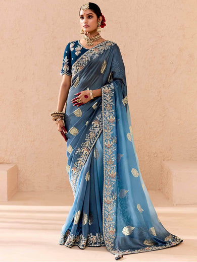 Beautiful Dusty Blue Embroidered Viscose Engagement Wear Saree