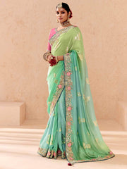 Incredible Pista Green Embroidered Viscose Saree With Blouse