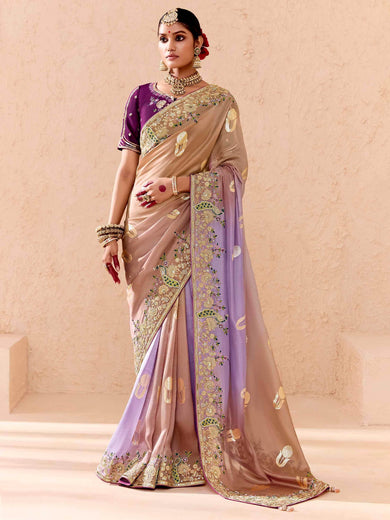 Dazzling Ivory Embroidered Viscose Engagement Wear Saree With Blouse