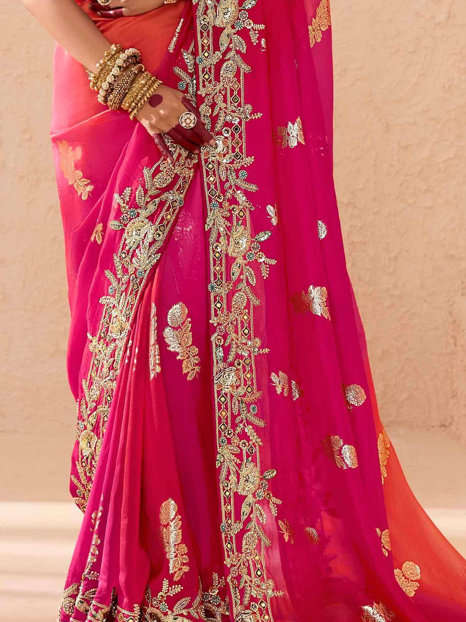 Fuchsia saree with gold floral embroidery, perfect for Indian ethnic wear and festive occasions.