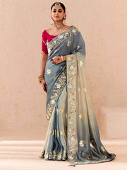 Magnetic Grey Embroidered Viscose Reception Wear Saree With Blouse