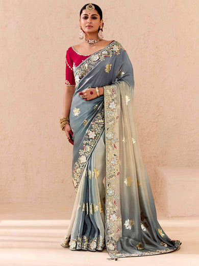Magnetic Grey Embroidered Viscose Reception Wear Saree With Blouse