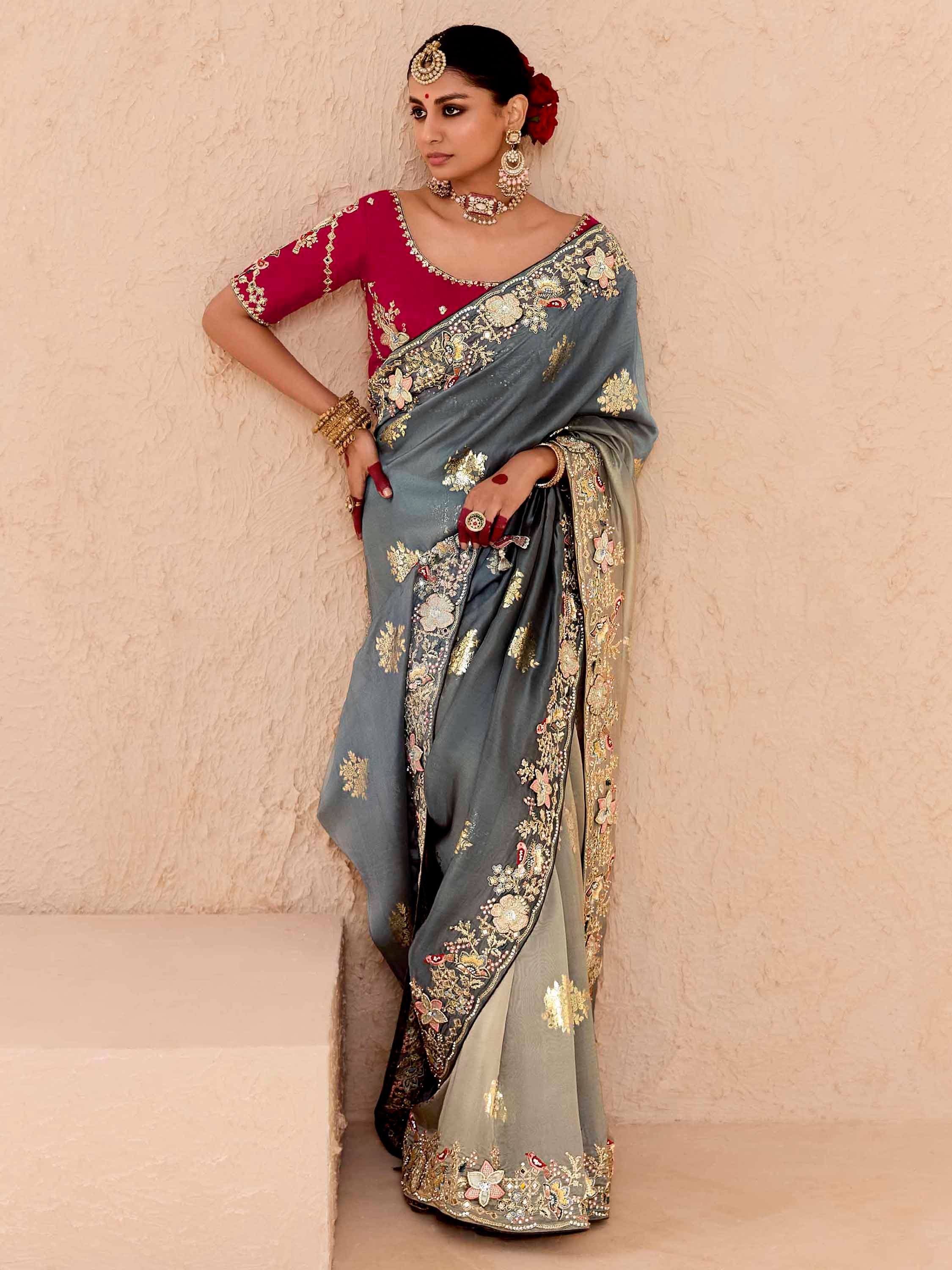 Grey embroidered saree with red blouse, floral gold detailing, traditional Indian ethnic wear