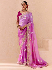Attractive Purple Embroidered Viscose Engagement Wear Saree
