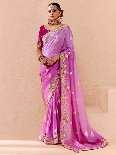 Attractive Purple Embroidered Viscose Engagement Wear Saree