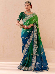 Lovely Green Embroidered Viscose Wedding Wear Saree With Blouse