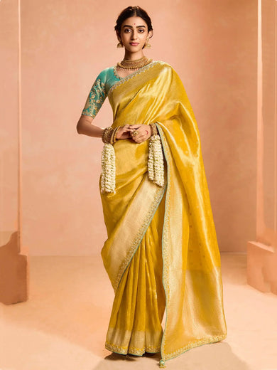 Beautiful Yellow Zari Weaving Silk Haldi Wear Saree With Blouse