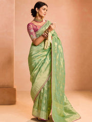 Captivating Green Zari Weaving Silk Event Wear Saree With Blouse