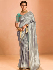 Fascinating Grey Zari Weaving Silk Traditional Saree With Blouse