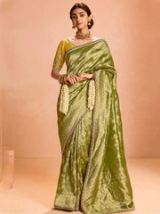 Attractive Olive Green Zari Weaving Silk Mehendi Wear Saree With Blouse