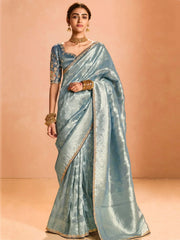 Lovely Dusty Blue Zari Weaving Silk Event Wear Saree With Blouse