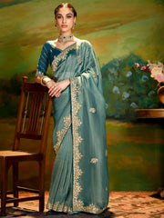 Beautiful Sea-Green Organza Engagement Wear Saree With Blouse