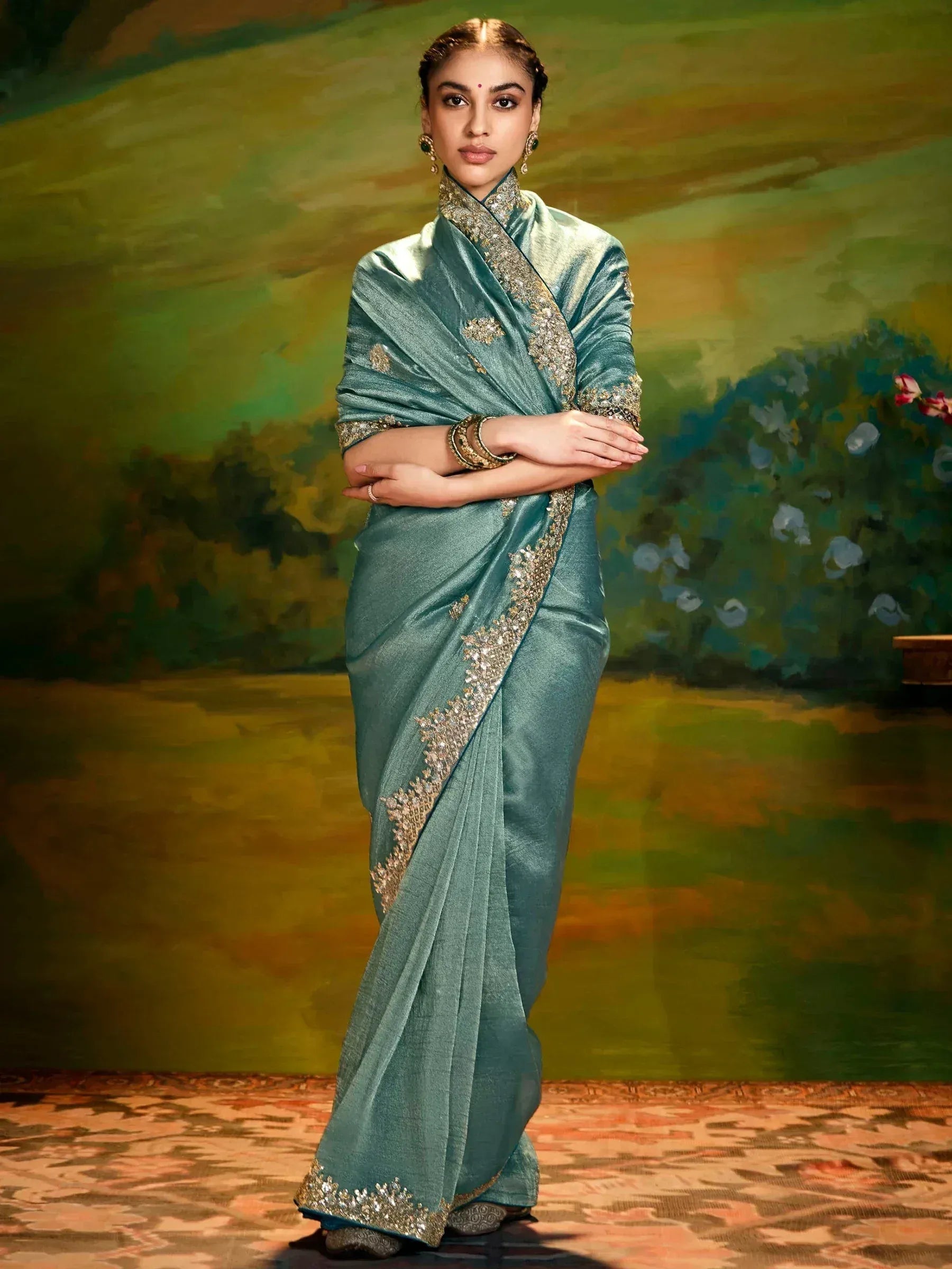 Beautiful Sea-Green Organza Engagement Wear Saree With Blouse