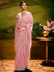 Precious Pink Border Work Organza Wedding Saree With Blouse