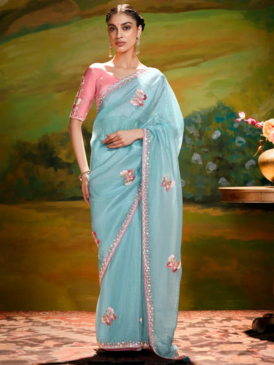 Dazzling Sky-Blue Organza Engagement Wear Saree With Blouse