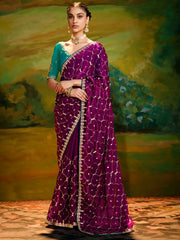 Attractive Purple Border Work Organza Wedding Wear Saree With Blouse