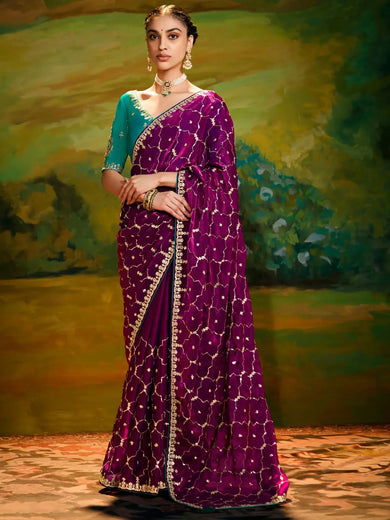 Attractive Purple Border Work Organza Wedding Wear Saree With Blouse