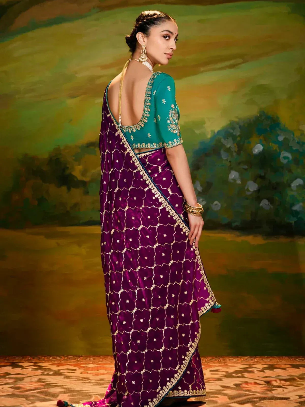 Purple embroidered saree with green blouse, ethnic Indian wear for women