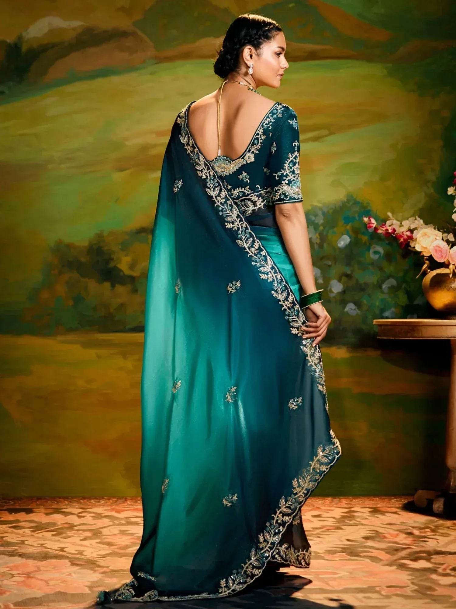 Teal embroidered saree with backless blouse, Indian ethnic wear for women
