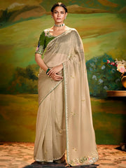Adorable Cream Border Work Organza Traditional Saree With Blouse